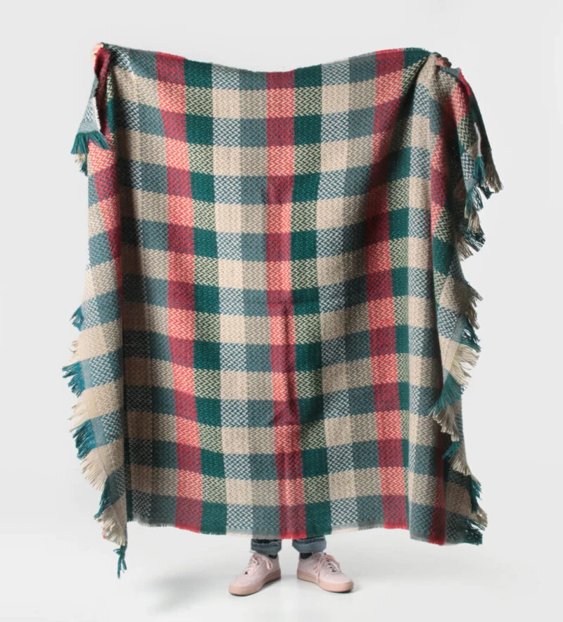 Tweedmill plaid XL-Recycled wol-Blokken-Groen rood-wollen-dekentje